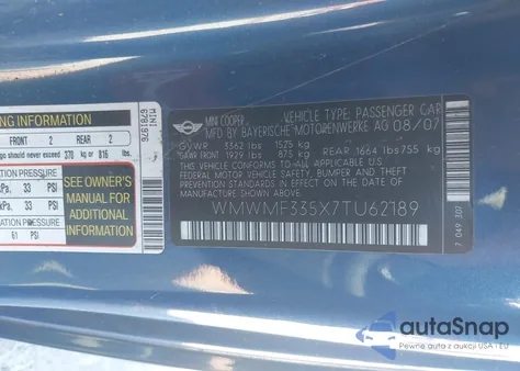 2007 Mini Cooper z USA, uszkodzony, nr VIN WMWMF335X7TU62189